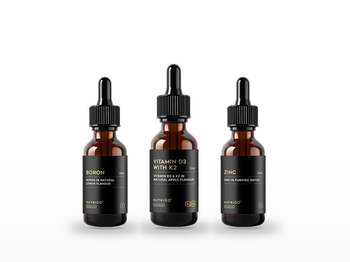 Boron, D3 + K2 and Zinc Essence 30ml by Nutrigo – three amber dropper bottles on white