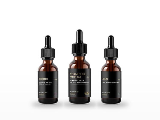 Boron, D3 + K2 and Zinc Essence 30ml by Nutrigo – three amber dropper bottles on white
