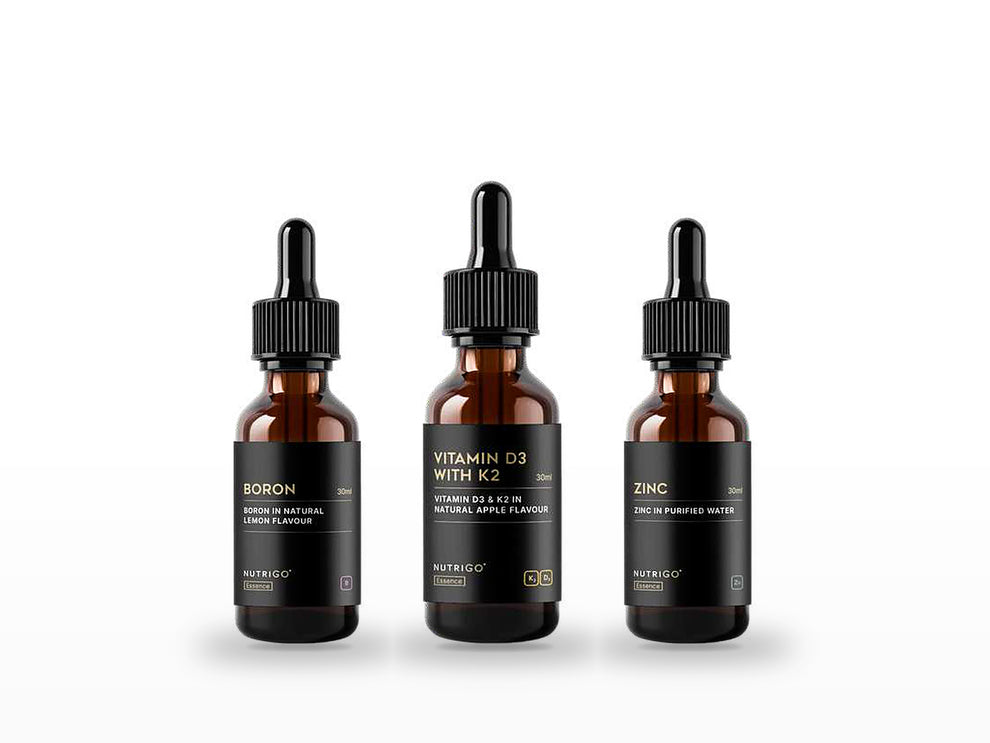 Boron, D3 + K2 and Zinc Essence 30ml by Nutrigo – three amber dropper bottles on white