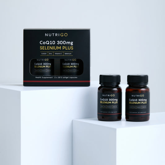 CoQ10 Selenium Plus 300mg by NutriGO – twin-pack box with two 30-softgel bottles on white display blocks