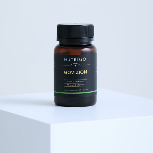 Govizion by NutriGO – amber 30-capsule bottle with lutein & zeaxanthin label, front view