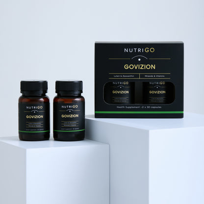 Govizion by Nutrigo – twin-pack box (2 x 30 capsules) beside two amber bottles