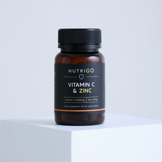 Vitamin C + Zinc 1000mg by NutriGO – 30-tablet amber bottle, front label