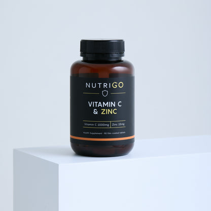 Vitamin C + Zinc 1000mg by Nutrigo – 90-tablet amber bottle, front label