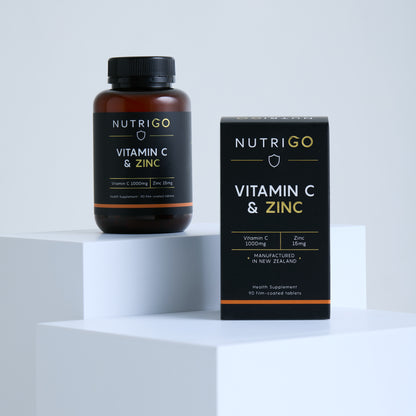 Vitamin C + Zinc 1000mg by Nutrigo – 90-tablet box and amber bottle