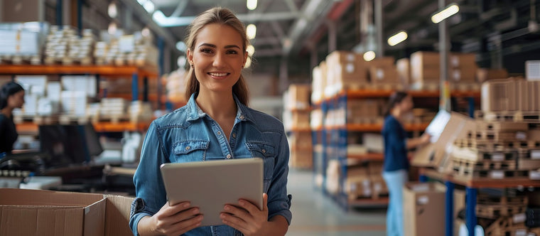 Smiling woman holding a tablet in a warehouse stocked with boxes